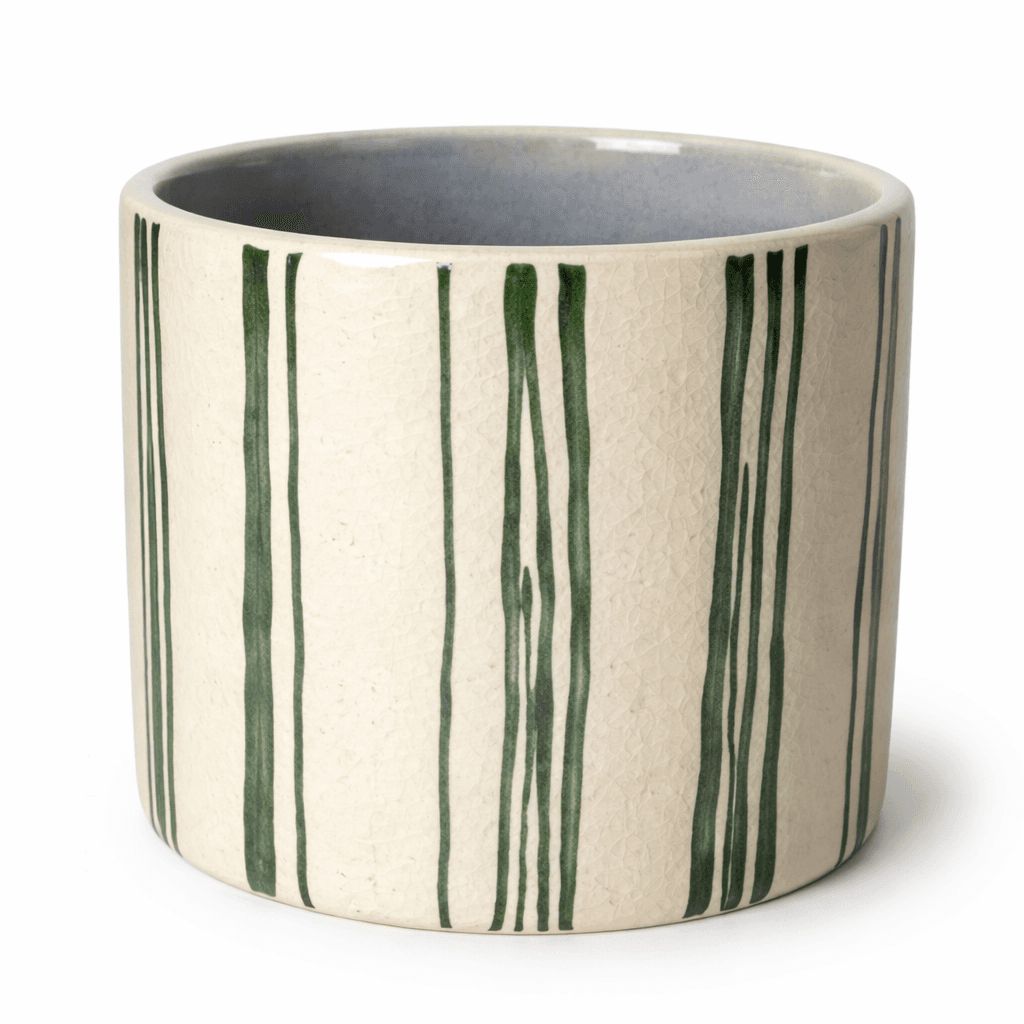A11086:Ceramic pot cover, green/off white lines, 4.5 in
