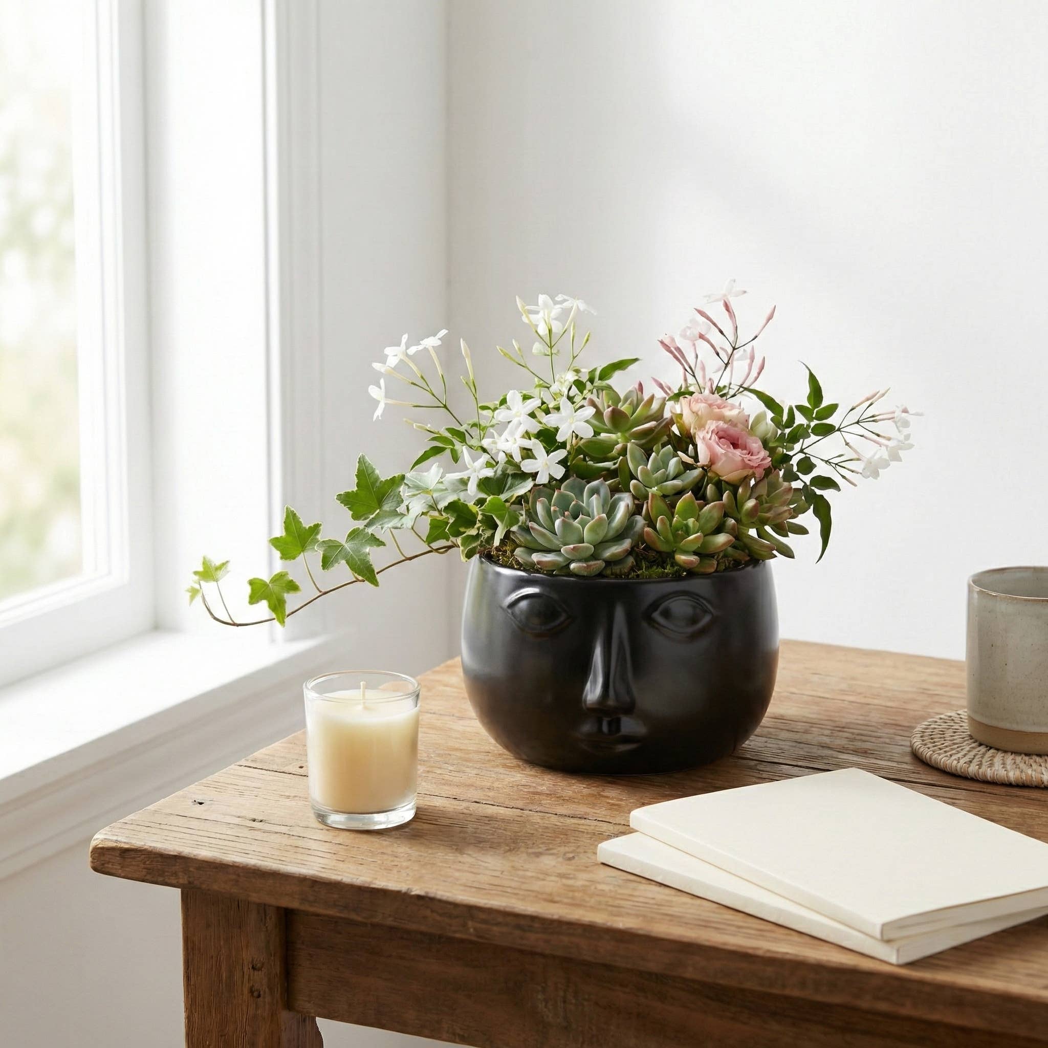 Plant Pot - Matted Black Ceramic Modern Round Face, 5”