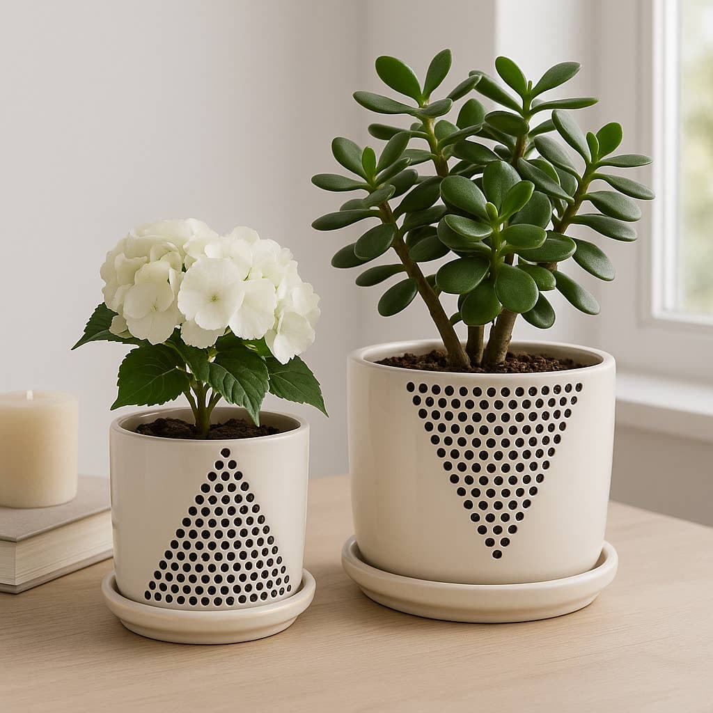 Planters - White Ceramic Triangle Dots, 8"