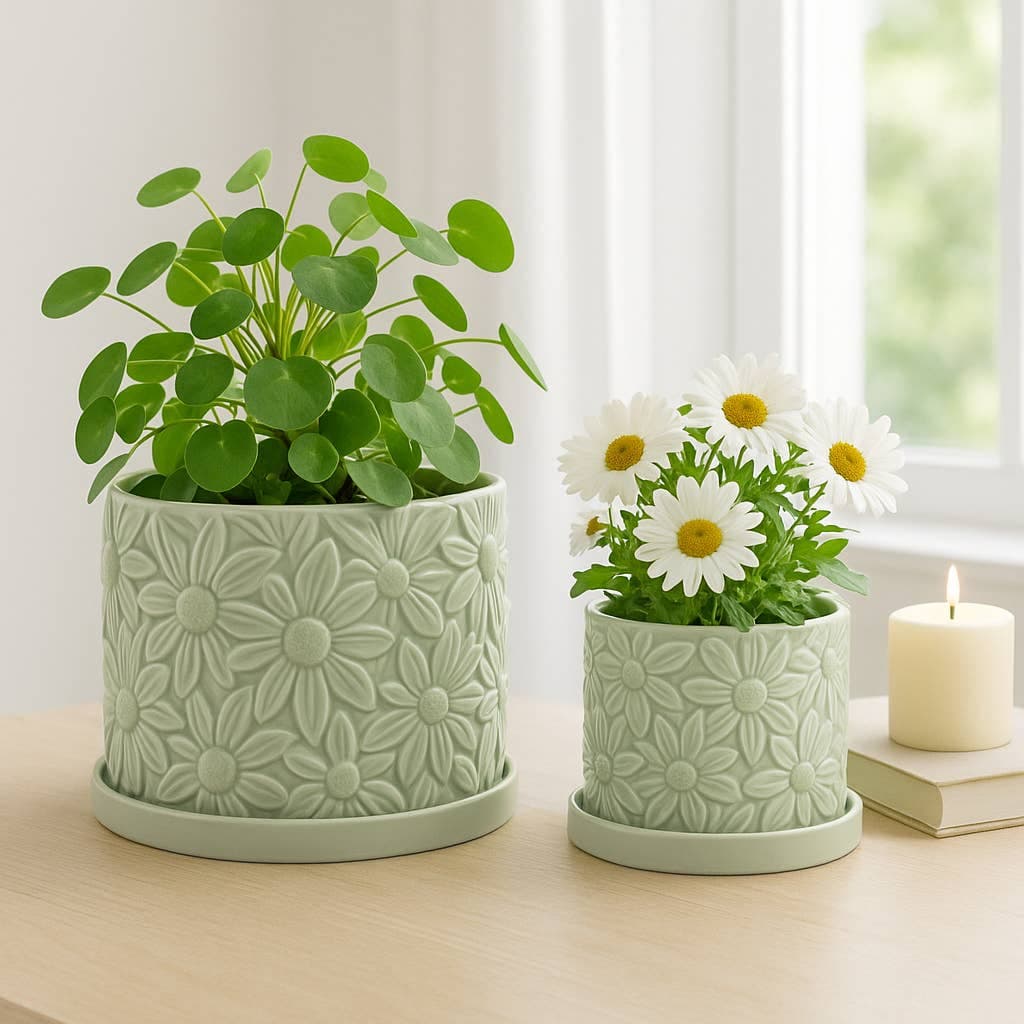 Green 6"Ceramic Daisy Flower Planter