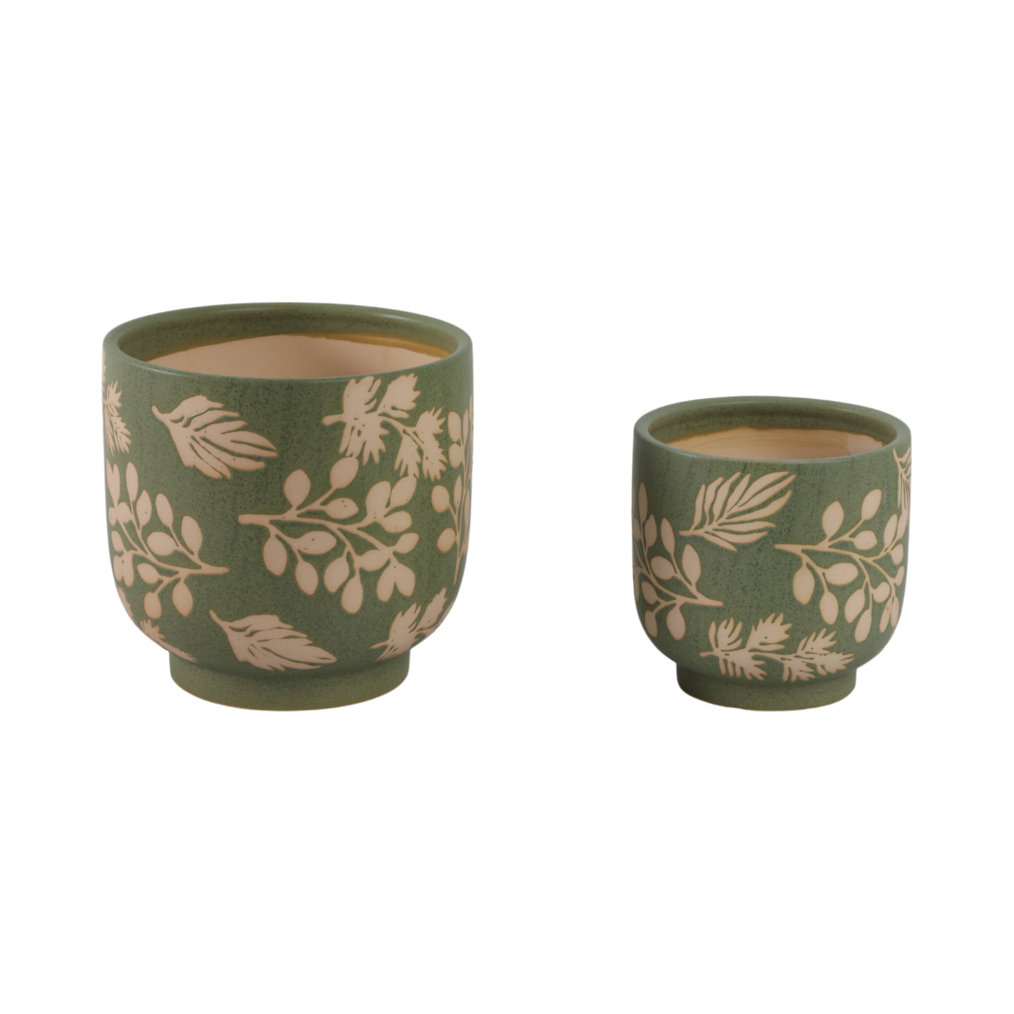 Green Hand Painted Leaves Planter 6"