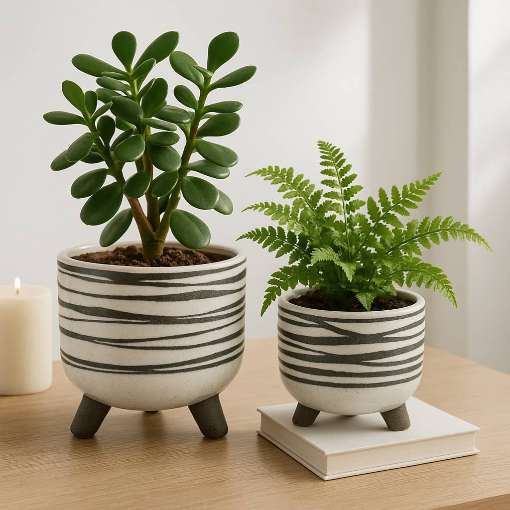 Ceramic Line Footed Round Planter - White, 6"
