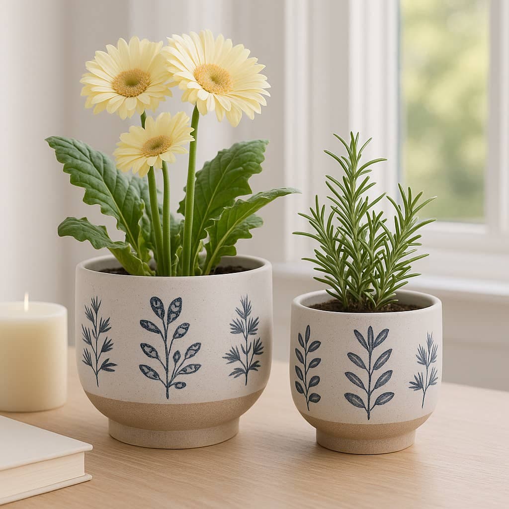 6" Blue/White Hand Painted Stoneware Planter