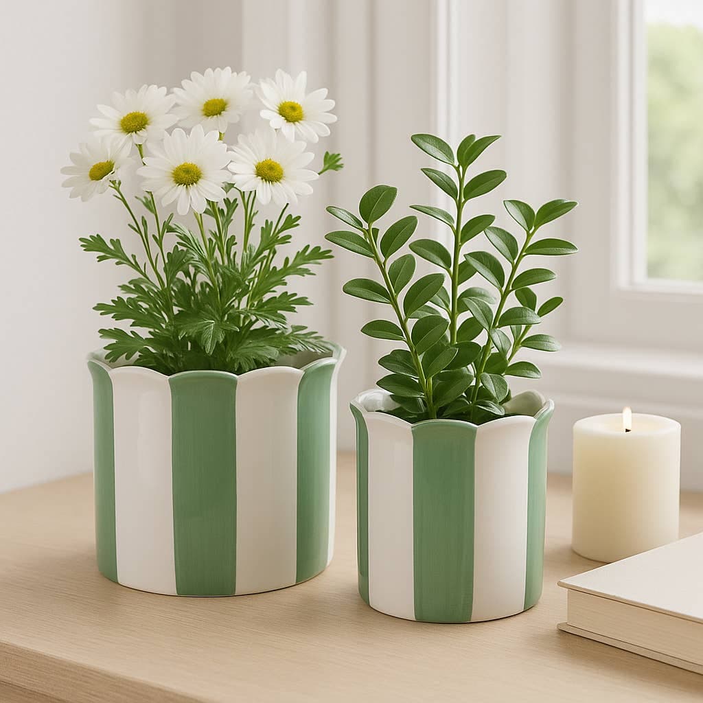 Planters - Green/White Ceramic Striped, 6"