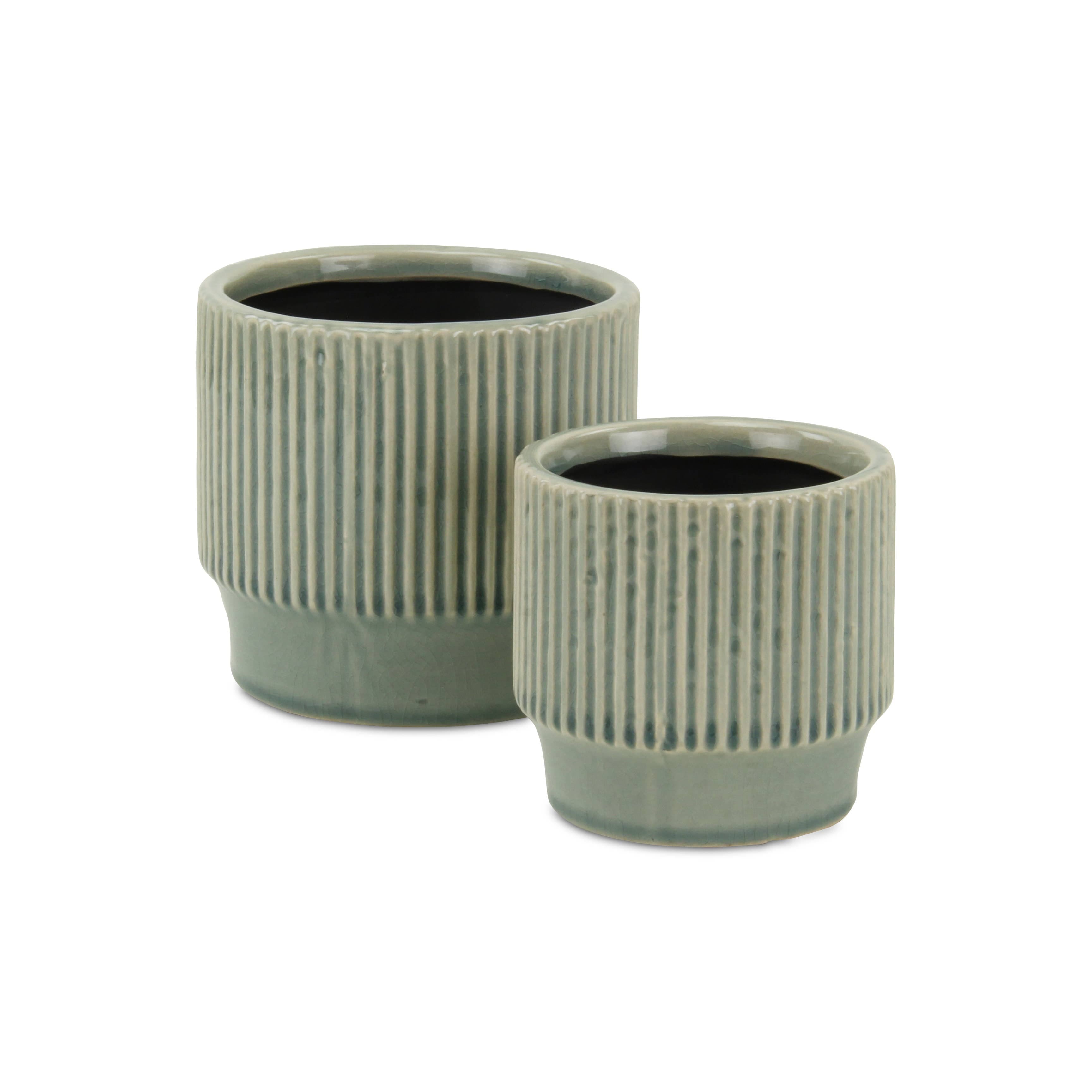 Green Ruffled Ridge Ceramic Pot