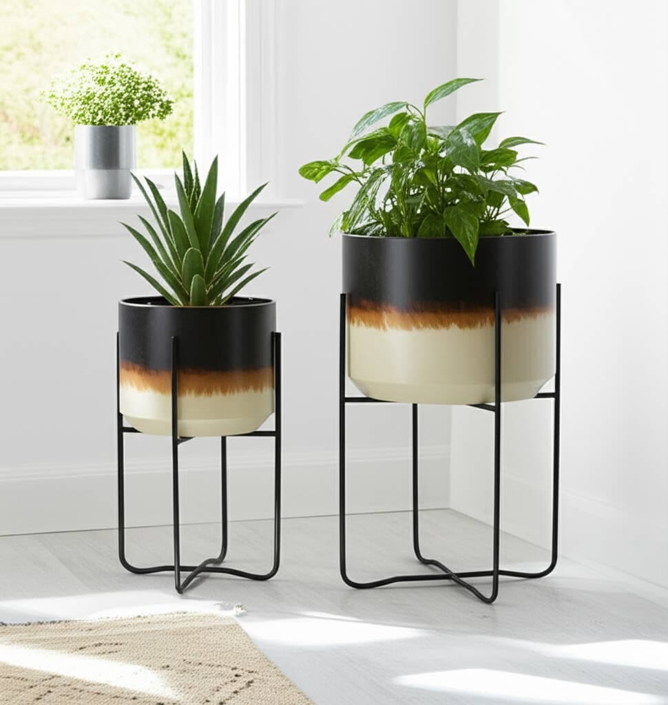 Plant Pot Set of 2 - Brown Metal Ombre on Stands, 11/15 in.