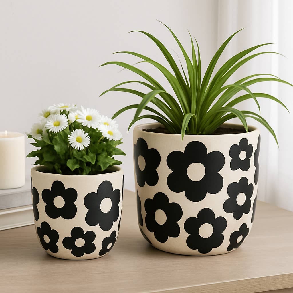 Ceramic Round Flower Power Planter - Black, 7”
