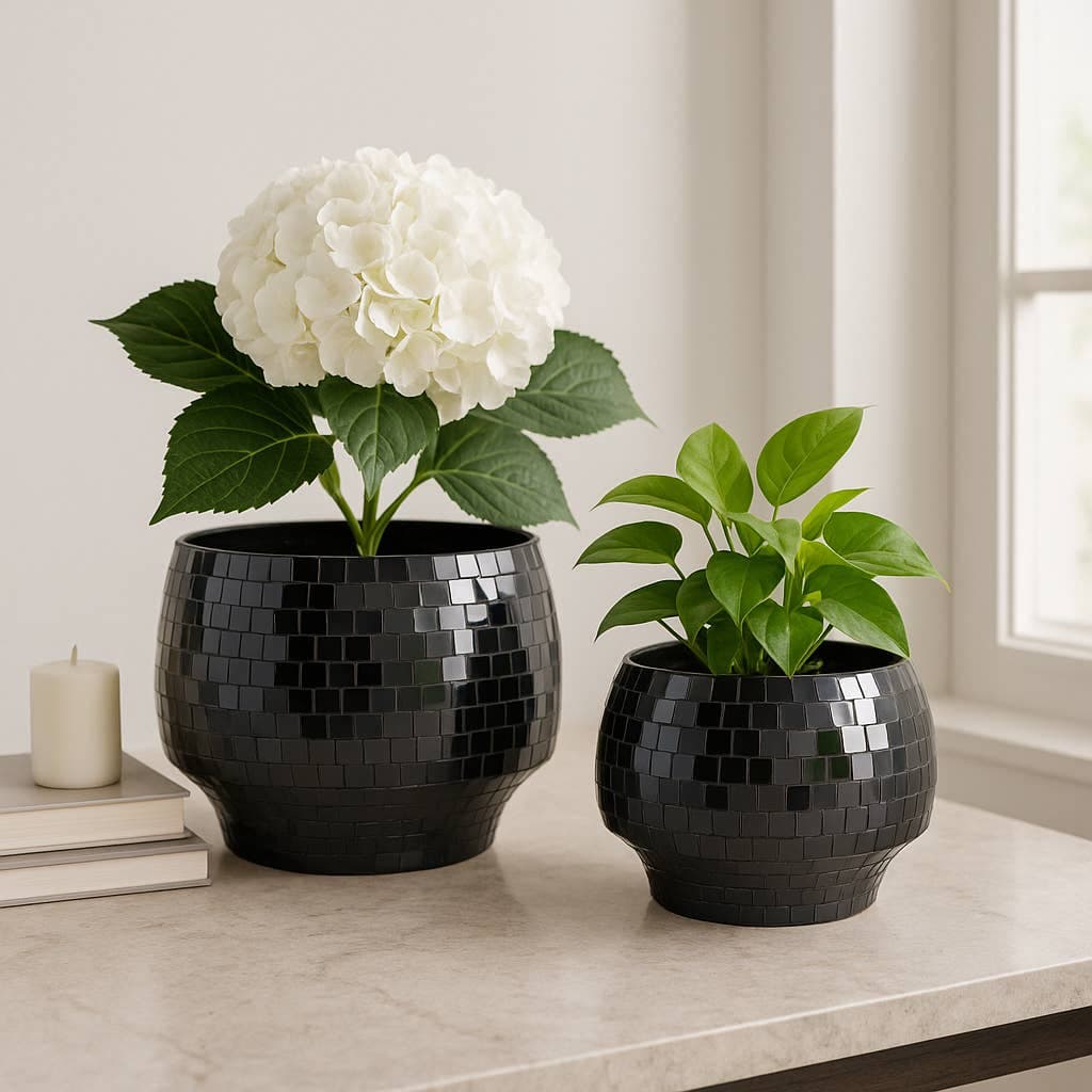 LUX Plant Pot Set of 2 - Black Metal Curved Disco Mosaic, 9/11in