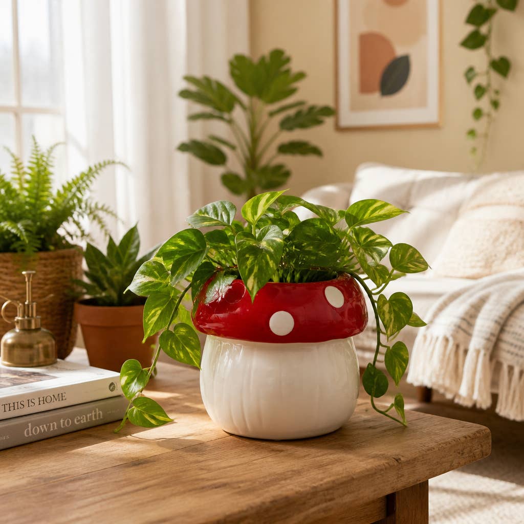 Plant Pot - White/Red Ceramic Polka-Dot Mushroom Shape, 5 in