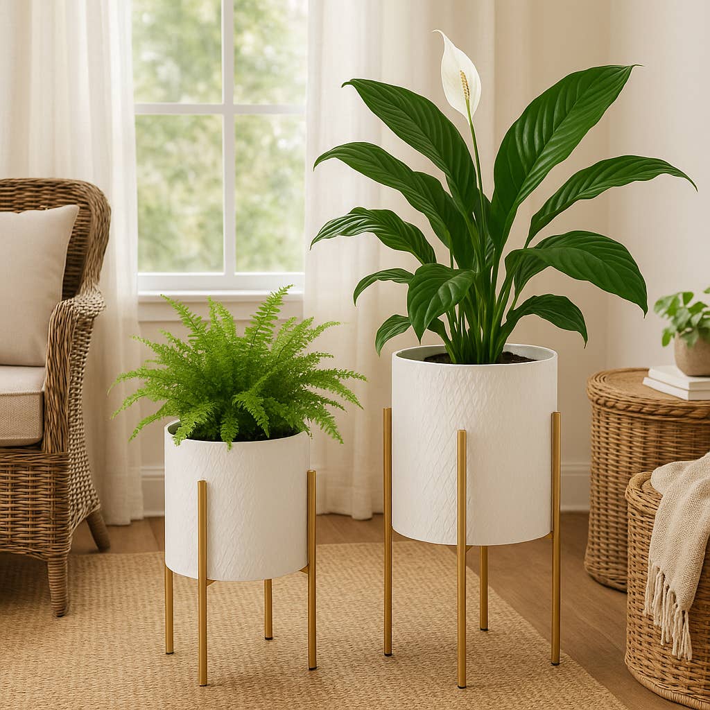 LUX Plant Pot - White Metal Planter On Stand, 11/14 in