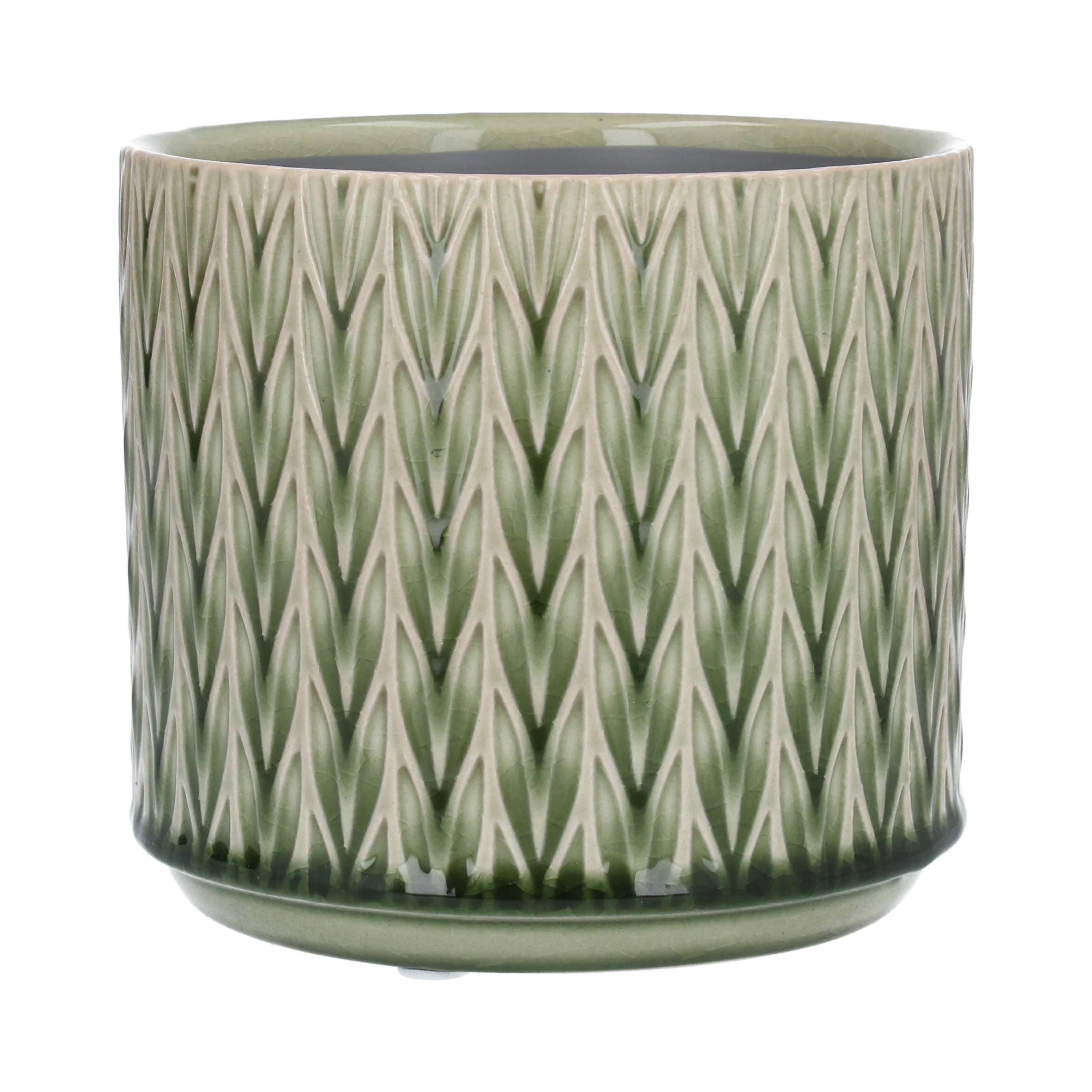 GE20850:Green staghorn ceramic pot cover, small 5.5x5.5in