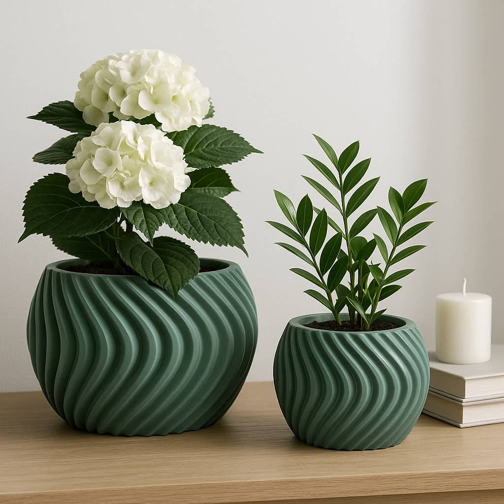 Planters - Green Resin Curvy Lines Rounded, 8"