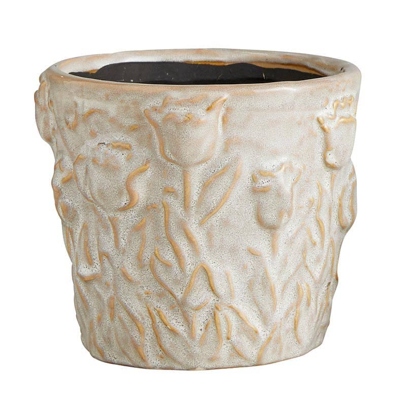 White Ceramic Pot - Floral Textured Design