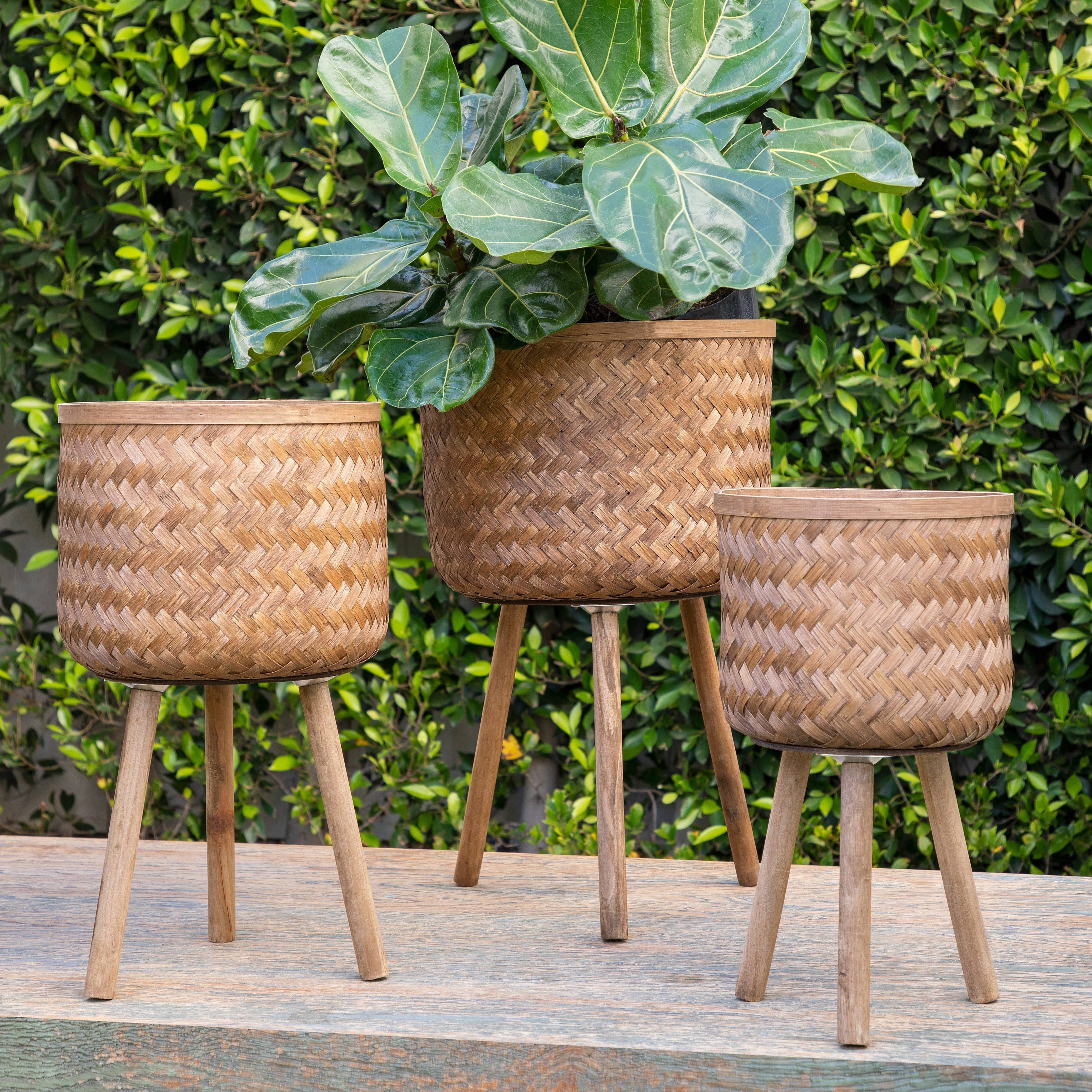 LUX Collection: Wood Wicker Planters Stand - Brown 10.5"